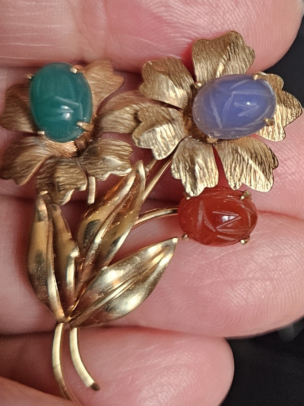 14k Gold Vintage  Scarab Stowns Brooch By Binder Brothers Egiptian Revival